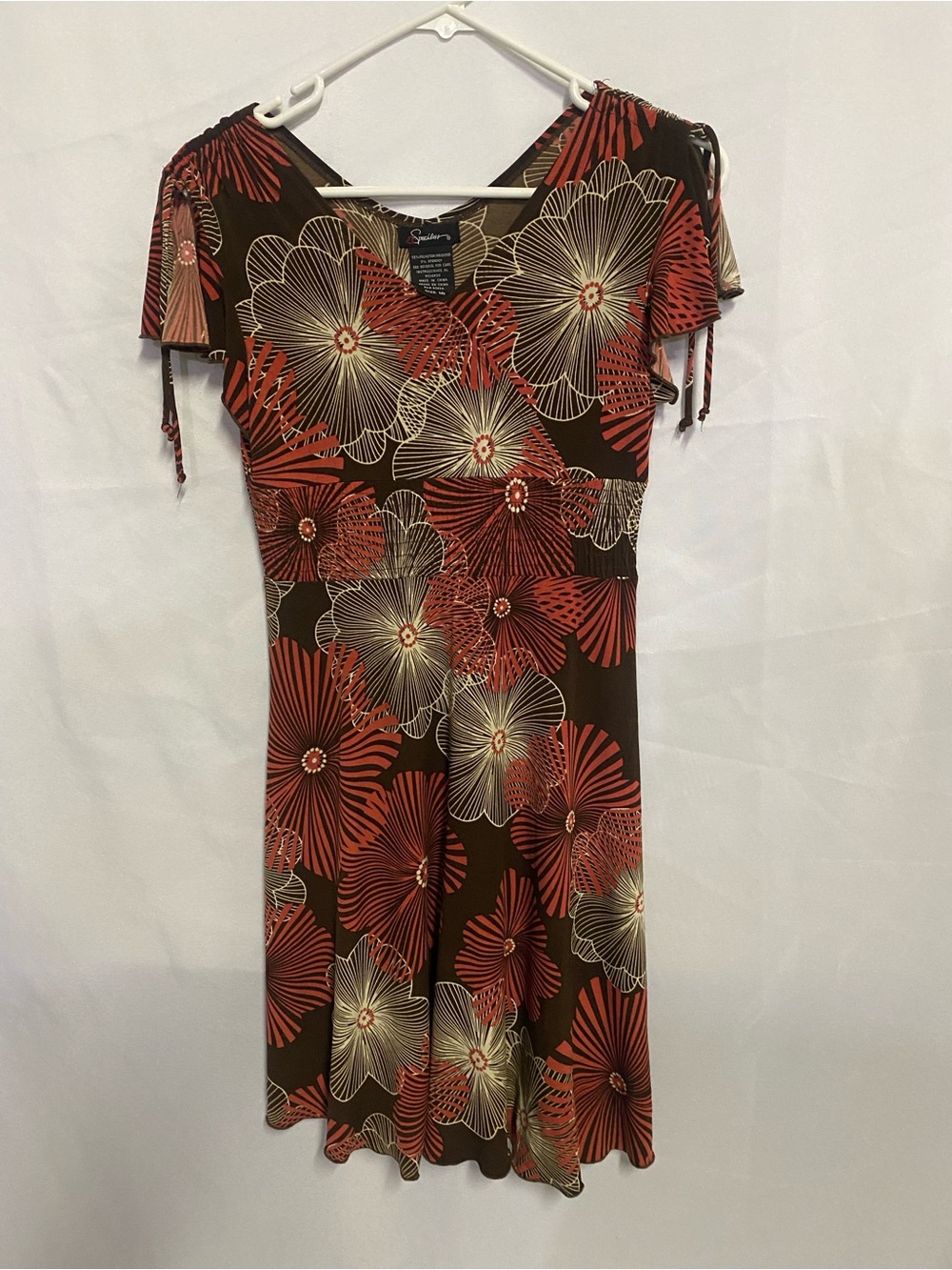 Speechless Brown Floral V-Neck Dress with Red & Cream Accents